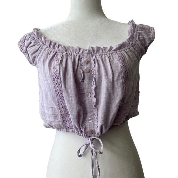 Urban Outfitters Cropped Blouse Purple Lace Ruffle Top SZ M NWT - Picture 1 of 12